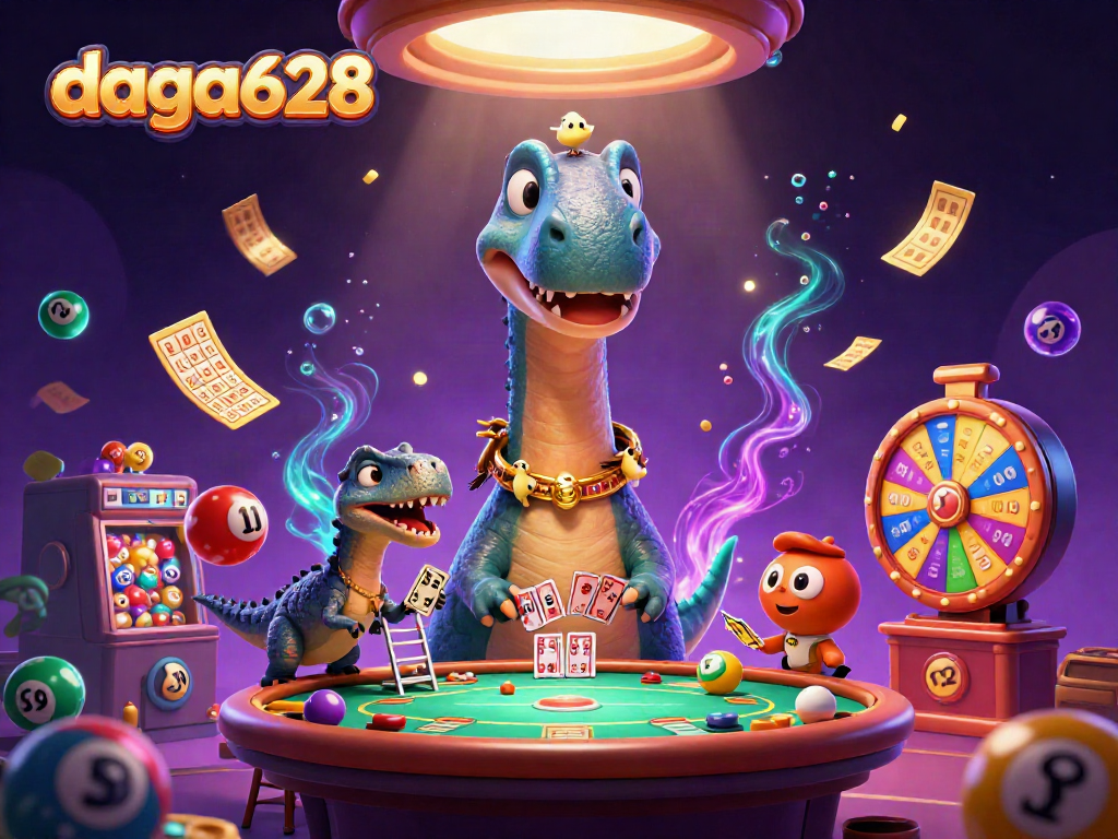 daga628 offers thrilling gaming action with a giant cartoon brontosaurus interacting in a vibrant casino setting.