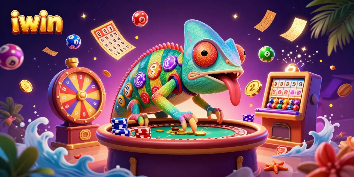 Experience iwin's vibrant gaming world with colorful lottery elements and a chameleon casino owner.