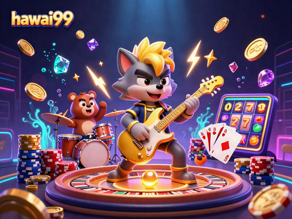 Engage with hawai99's dynamic casino scene featuring vibrant characters and iconic game elements.