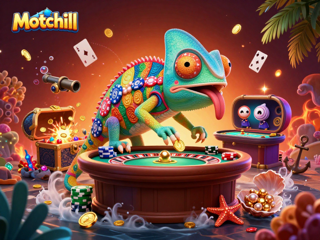 Experience winning thrills at Motchill with our vibrant casino adventure illustration filled with dynamic gaming elements.