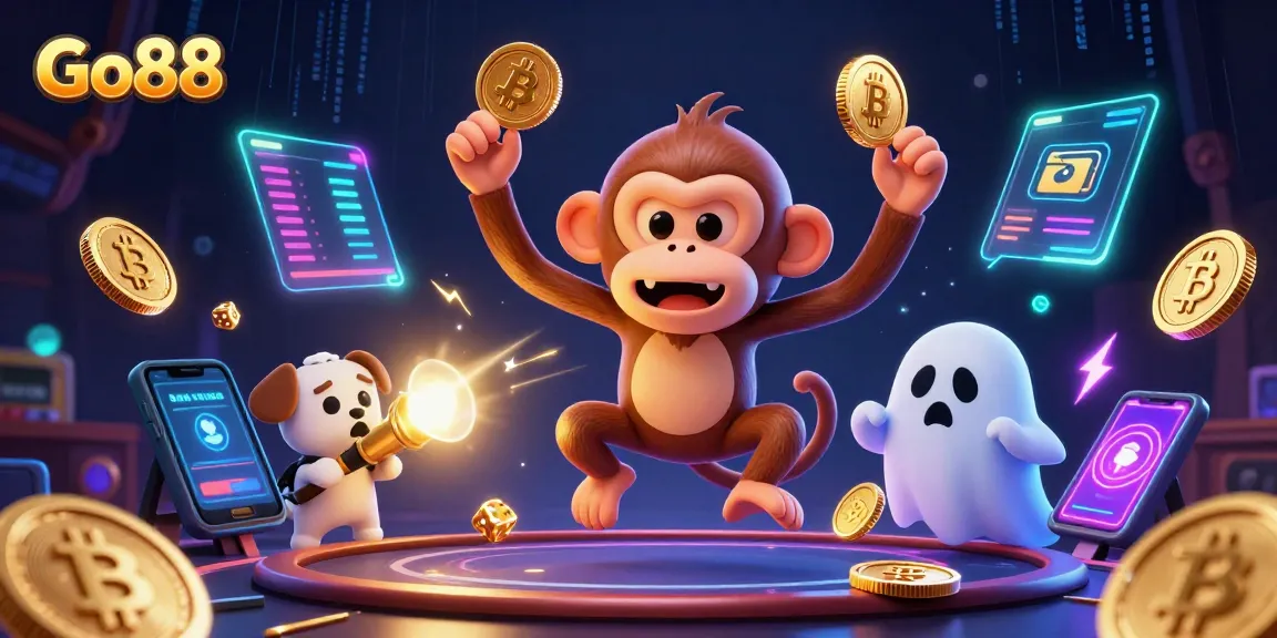 Engage with Go88's vivid casino experience featuring a playful poltergeist monkey amidst dynamic crypto elements.