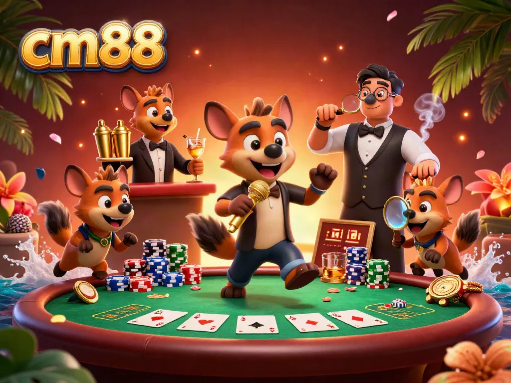 Hyenas entertain in the cm88 comedy casino club with poker elements and vibrant atmosphere.
