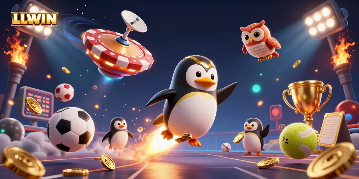 Experience thrilling gameplay at LLWIN as a golden penguin soars towards a magnificent casino.