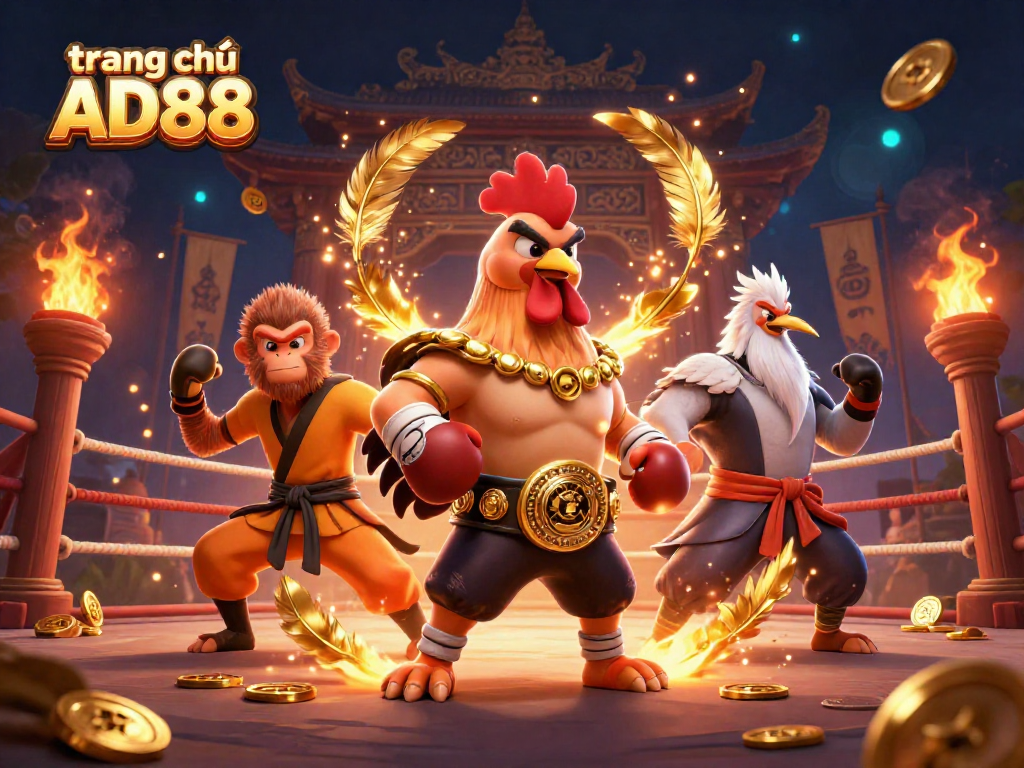 Engage with the vibrant atmosphere of trang chủ AD88 featuring a Muay Thai rooster, Shaolin monkey, and wise crane in a dynamic gambling scene.