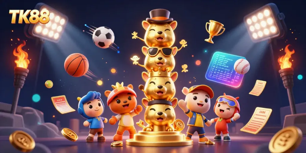 Engage in thrilling gameplay at TK88 with a vibrant illustration showcasing dynamic sports elements and a totem pole.