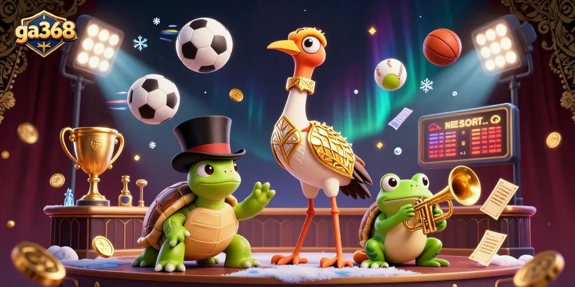 Experience thrilling bets with ga368 as a radiant golden trophy and sports balls animate an exciting gambling scene.