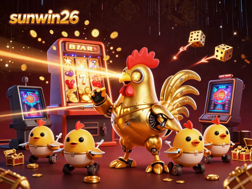 Experience the thrill of sunwin26 with a vibrant casino game scene featuring a golden rooster robot and explosive jackpots.