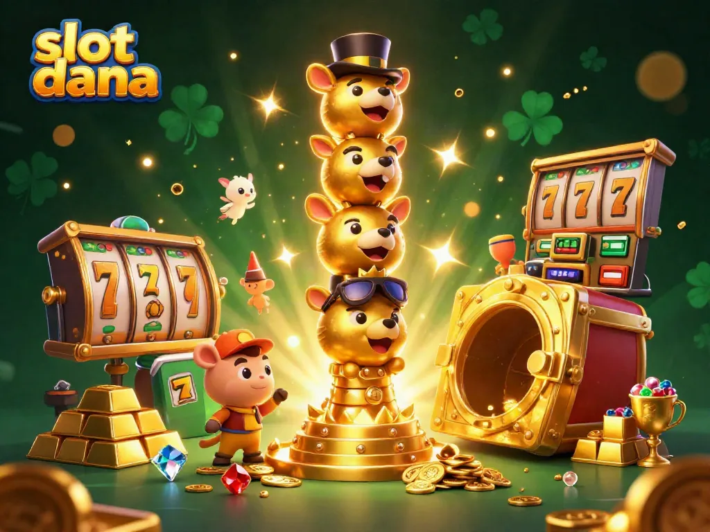 Ilustrasi slot dana dengan totem emas dan harta karun bersinar, menggambarkan keseruan permainan kasino.