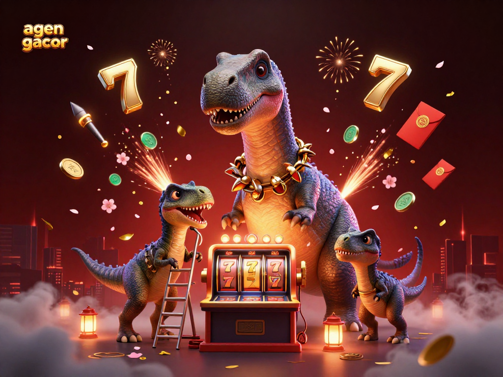 Engage with agen gacor through a thrilling 3D casino scene featuring exciting slot elements and vibrant characters.