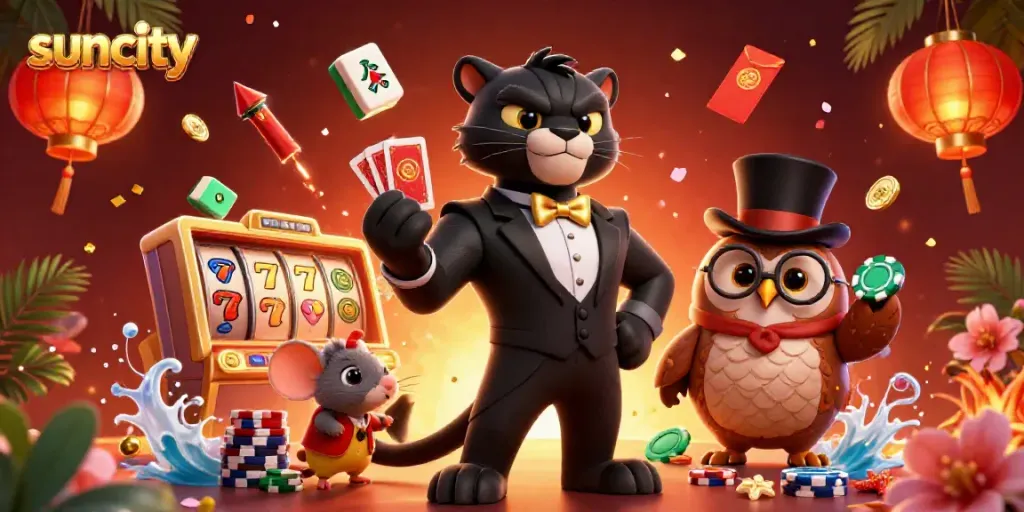 Engage in thrilling gameplay at Suncity with a stylish tuxedoed panther and lucky characters amid sparkling casino elements.