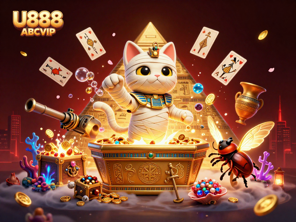 Experience the thrill of U888 ABCVIP with a dynamic illustration of casino elements and Egyptian themes.