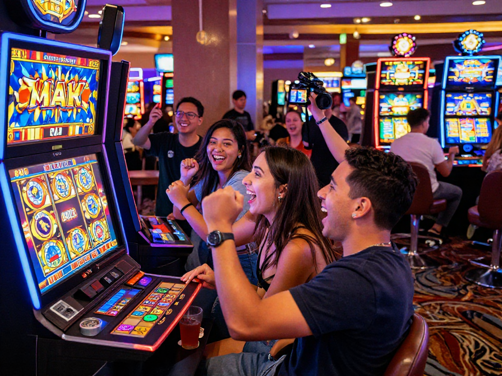 Group celebrating a slot jackpot win in a lively casino scene.