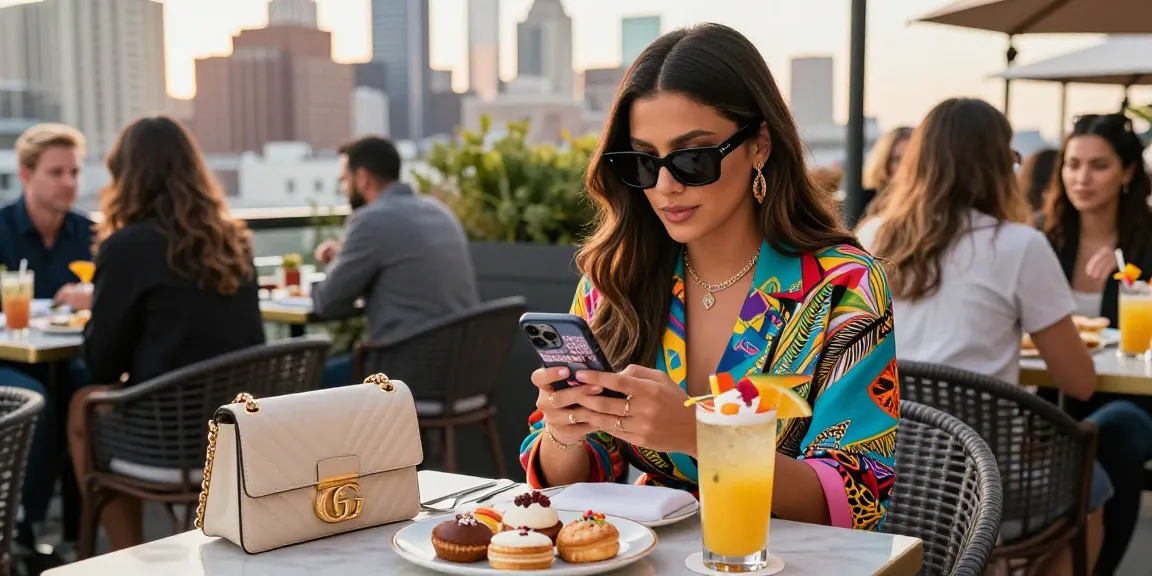 Chic influencer enjoying celebrity gossip gourmeticat at a vibrant rooftop café.