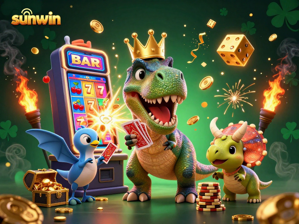 Experience big wins at sunwin with a fun scene featuring a T-Rex shuffling cards!