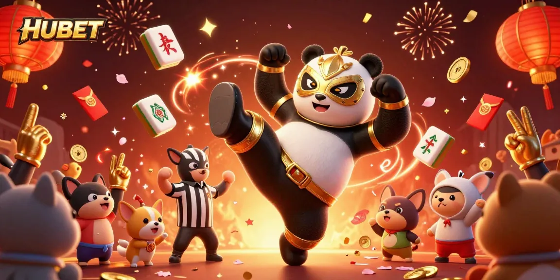Engage with HUBET's thrilling casino action featuring a panda wrestler and vibrant festive elements.