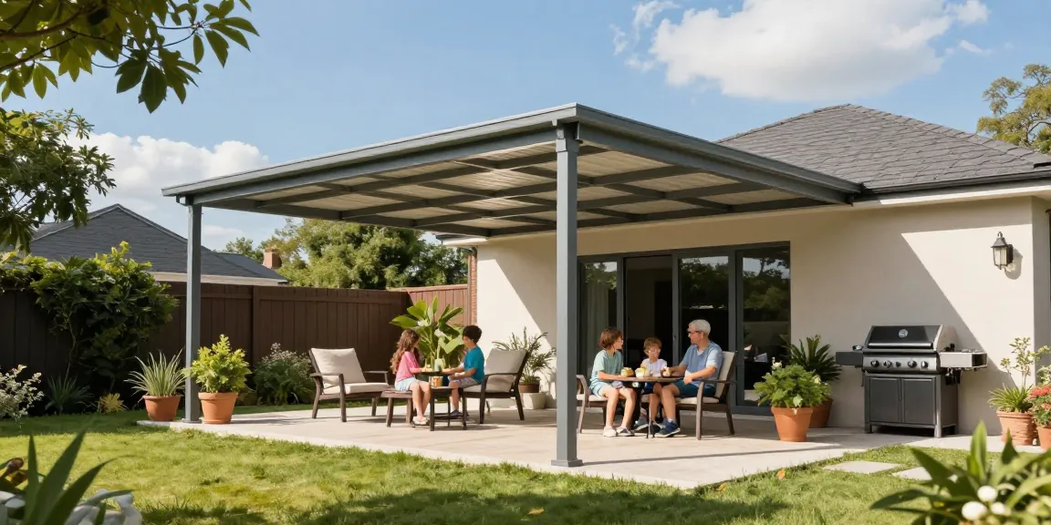 Moderne freistehende Terrassenüberdachung mit Familie im Garten.
