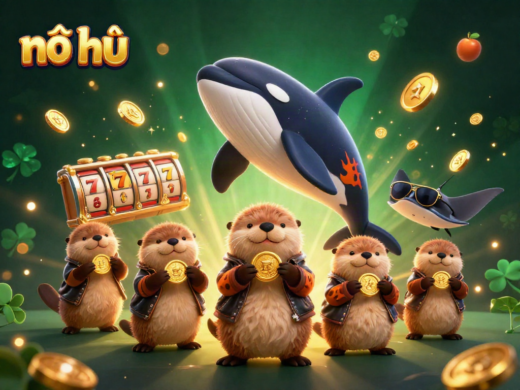 Engage with nổ hũ through vibrant slot reels and a dynamic cartoon scene featuring fun ocean characters.