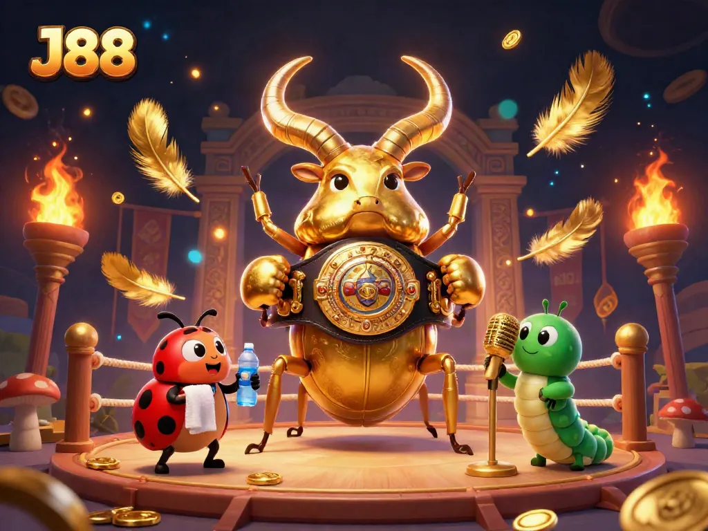 J88 showcases a vibrant casino scene with a golden stag beetle champion and dynamic game elements.
