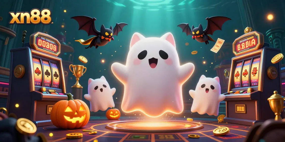 Play the enchanting xn88 casino with lively ghost cat and slot machines amidst the haunted glamour.