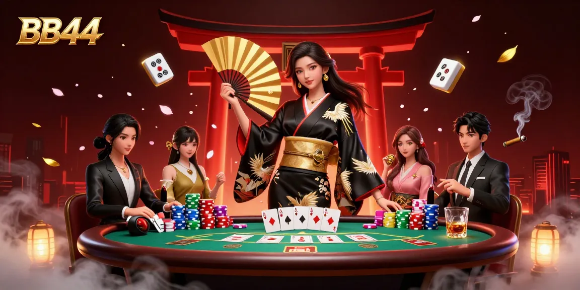 Experience thrilling gameplay at BB44 with an elegant Asian woman at a bustling casino table.