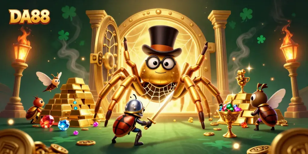 Experience the vibrant world of DA88, where a golden tarantula spins webs amidst casino treasures.