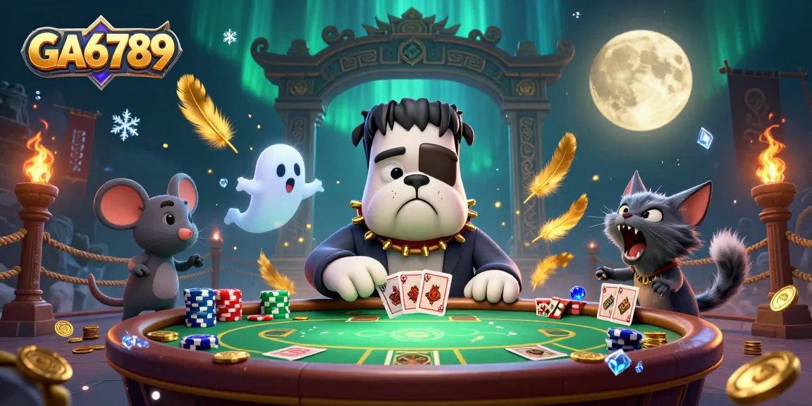 Play poker with GA6789's cartoon characters in a spooky casino scene filled with excitement and gold.