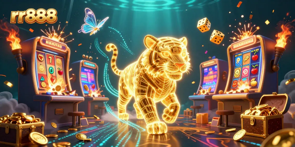 Engage in thrilling slots action with rr888 in a vibrant, light-filled casino scene.
