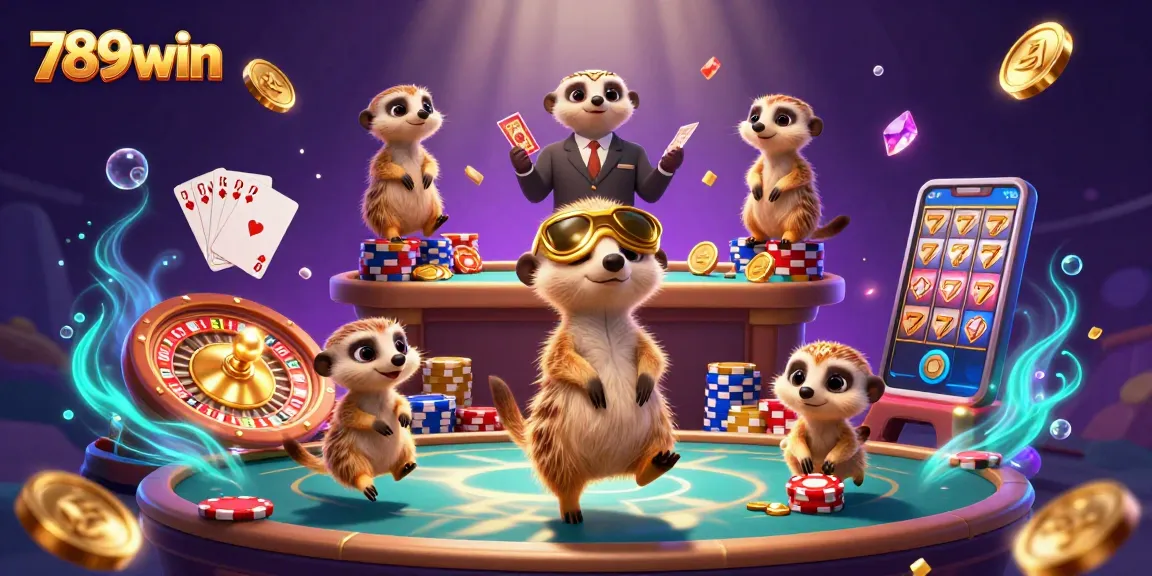 Experience thrilling 789win casino fun with meerkats enjoying an energetic gaming scene.