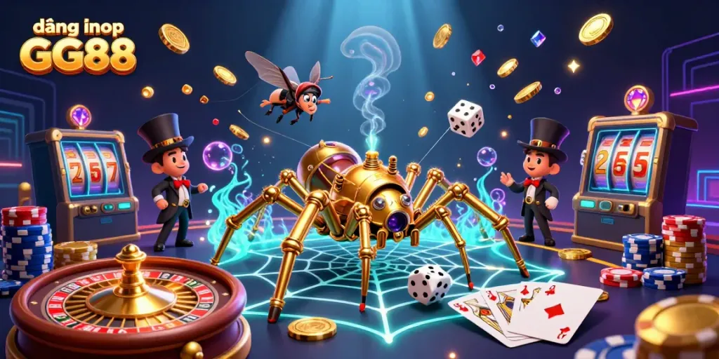 Engaging illustration showcasing đăng nhập GG88 with a lively steampunk spider catching dice, surrounded by vibrant gambling elements.