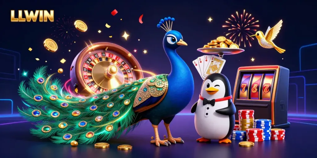 Engage with LLWIN's vibrant 3D casino scene featuring a peacock, penguin, and hummingbird, amidst casino elements.