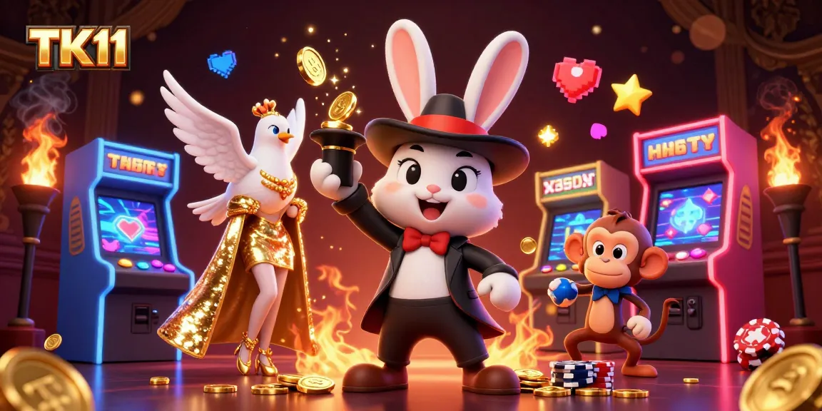 TK11 casino illustration with a magician rabbit, glamorous dove, and monkey amidst vibrant gaming elements.