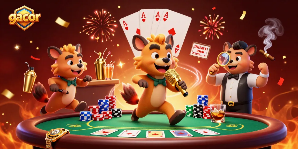 Engaging comedy scene featuring gacor slot games with vibrant, bustling hyenas in a casino setting.