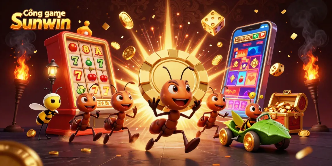 Cổng game Sunwin showcases a thrilling heist scene with cartoon ants, slots, and golden treasures.