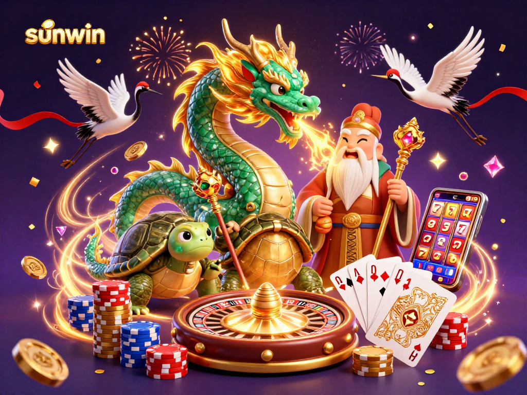 Experience thrilling adventures with sunwin featuring a dragon, turtle sage, and cranes in a dynamic casino scene.
