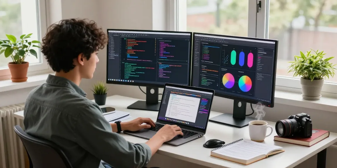 Innovative software developer workspace showcasing Motchill application design and code, captured in a modern tech environment.