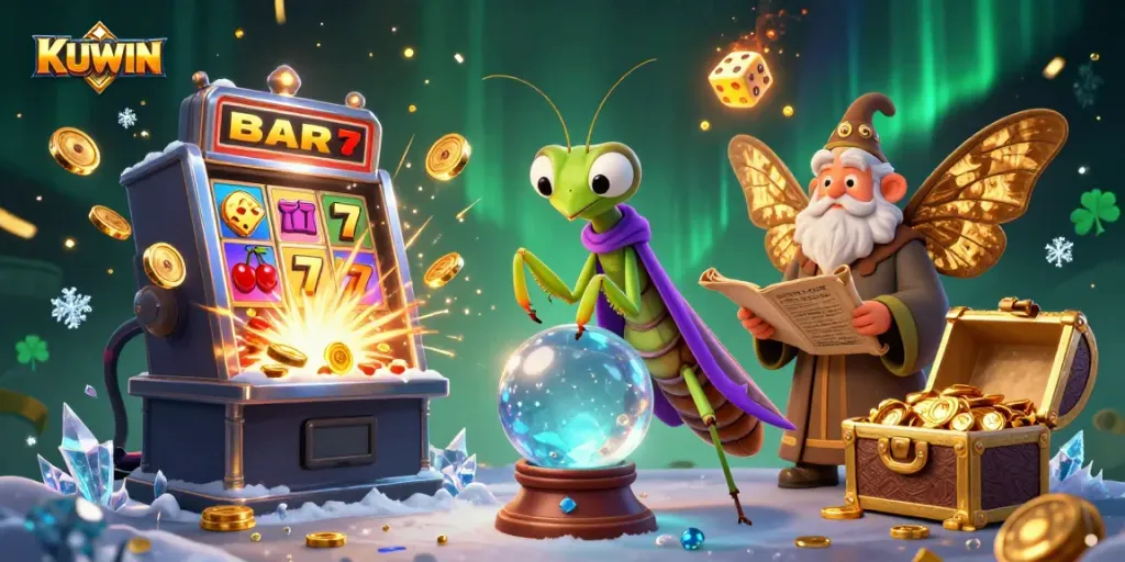 KUWIN interactive gaming scene with characters revealing casino excitement through slot machines and magical elements.