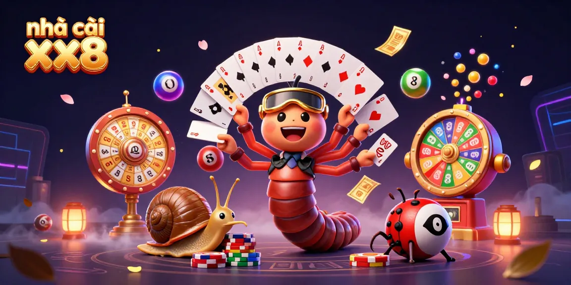 Experience the excitement with nhà cái xx8; vibrant scene of lottery balls, and dynamic gambling elements.