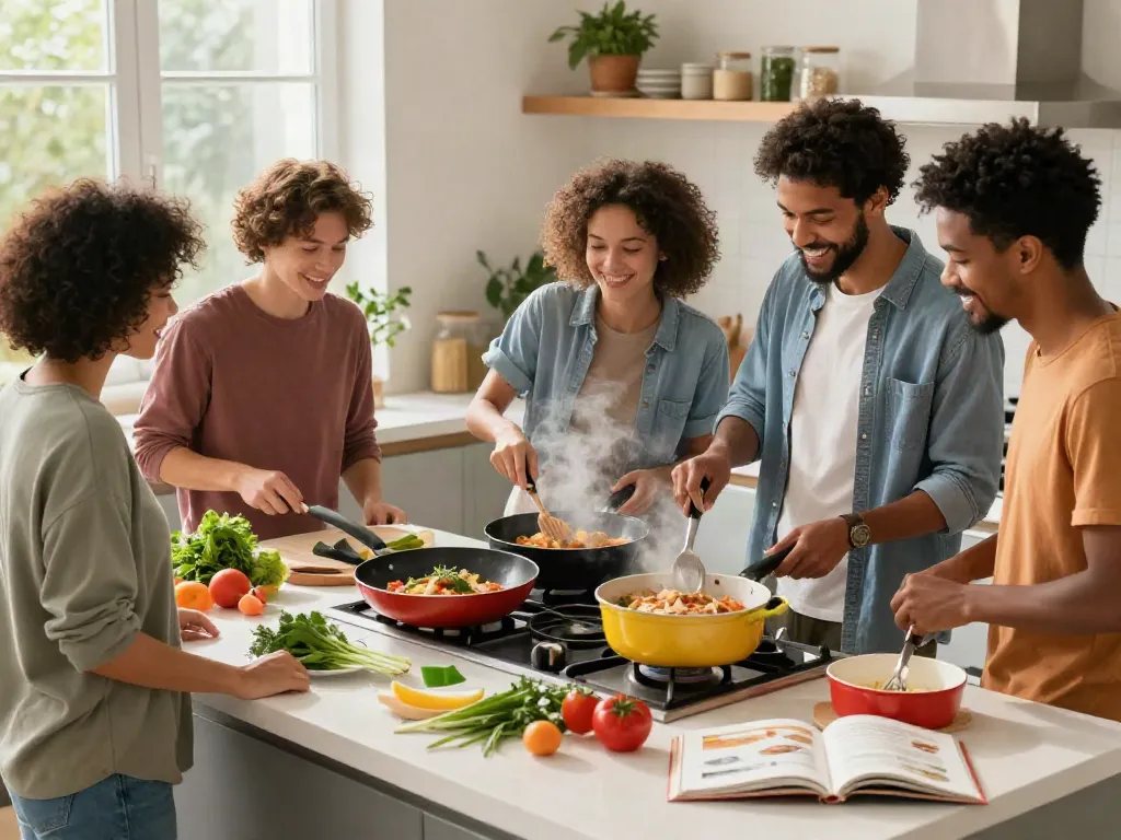 Non-Stick Cookware price in bangladesh showcased in a lively kitchen with friends cooking.