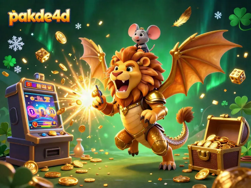 Experience the thrilling jackpot at pakde4d with a roaring chimera and vibrant casino elements.