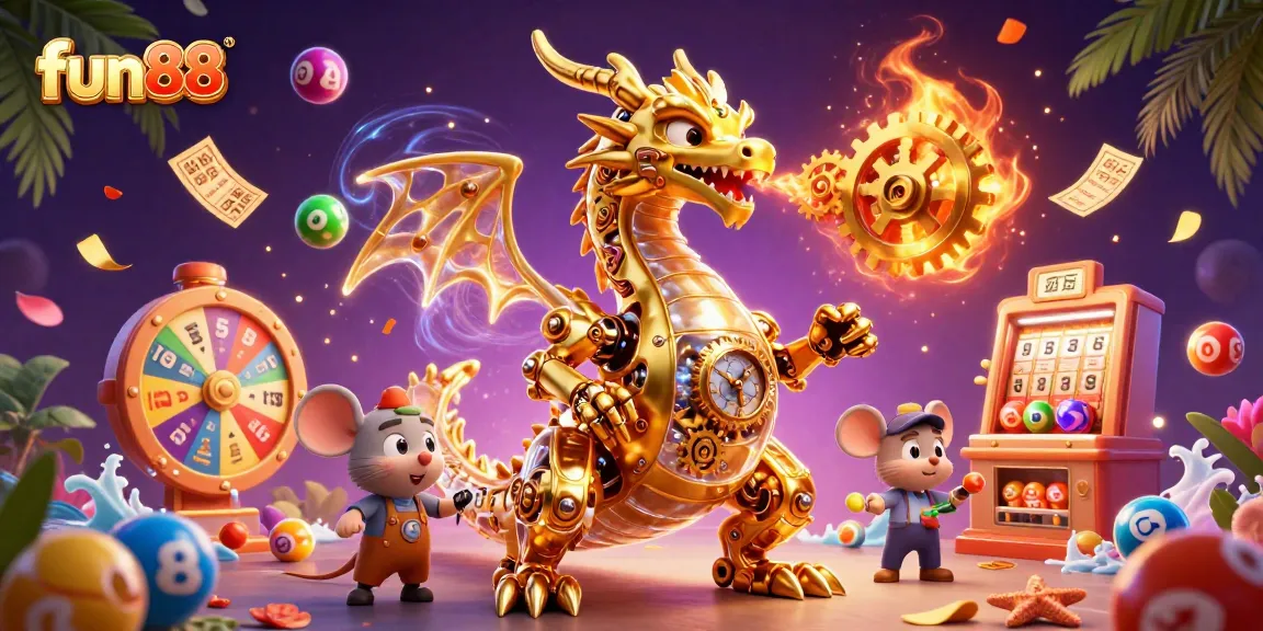 Experience thrilling fun88 gaming with a biomechanical dragon amidst dynamic lottery symbols.
