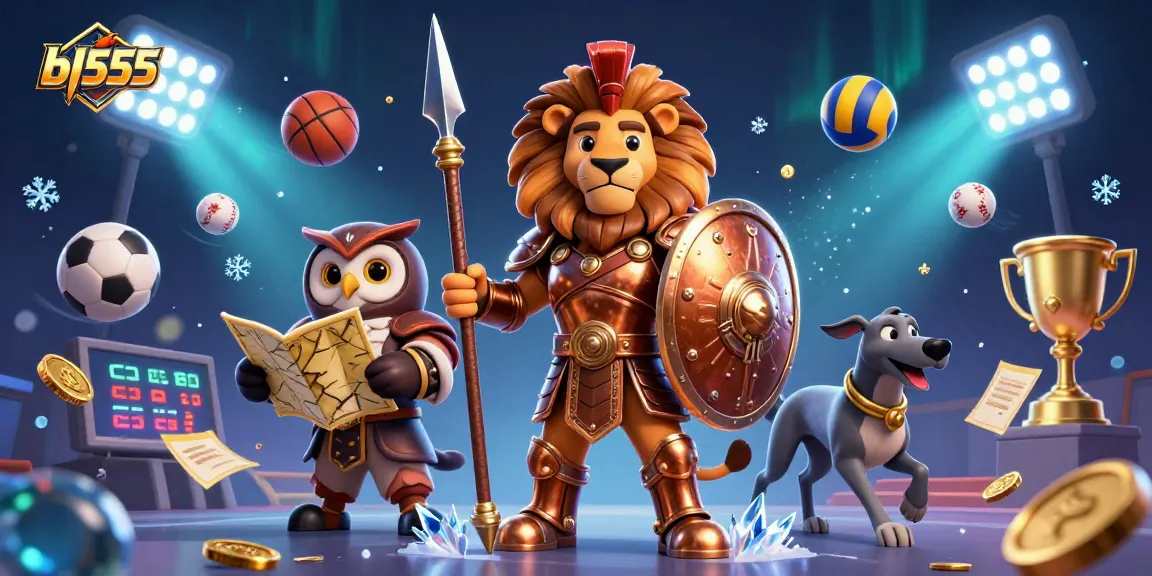Engage in exciting betting action with bl555 featuring a 3D Spartan lion, owl strategist, and greyhound messenger amidst vibrant casino elements.