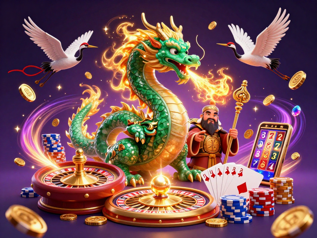 Engage with sunwin's vibrant world as a jade dragon breathes fire amidst cascading coins and cards.