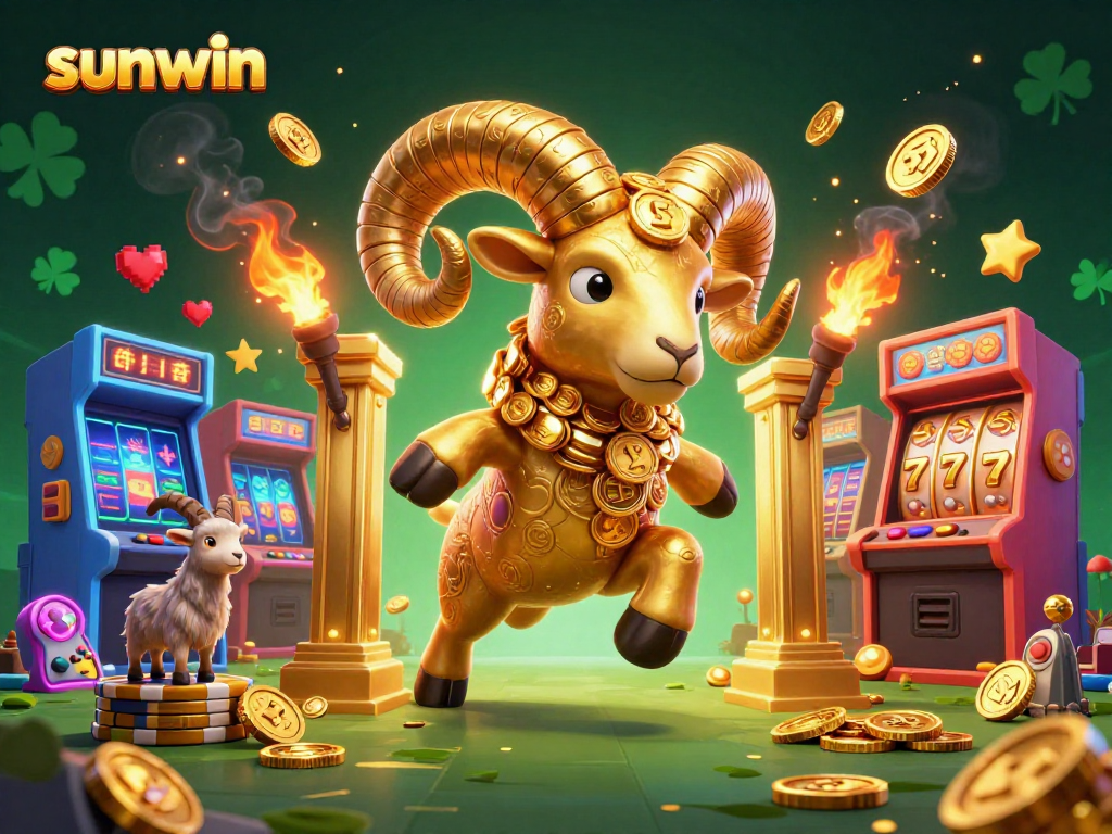Win big with sunwin's exciting casino illustration featuring an animated golden ram and arcade elements.
