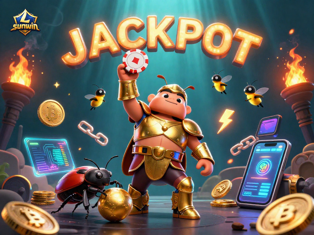 Experience sunwin strategies with a hercules beetle celebrating a poker win against a dynamic casino backdrop.