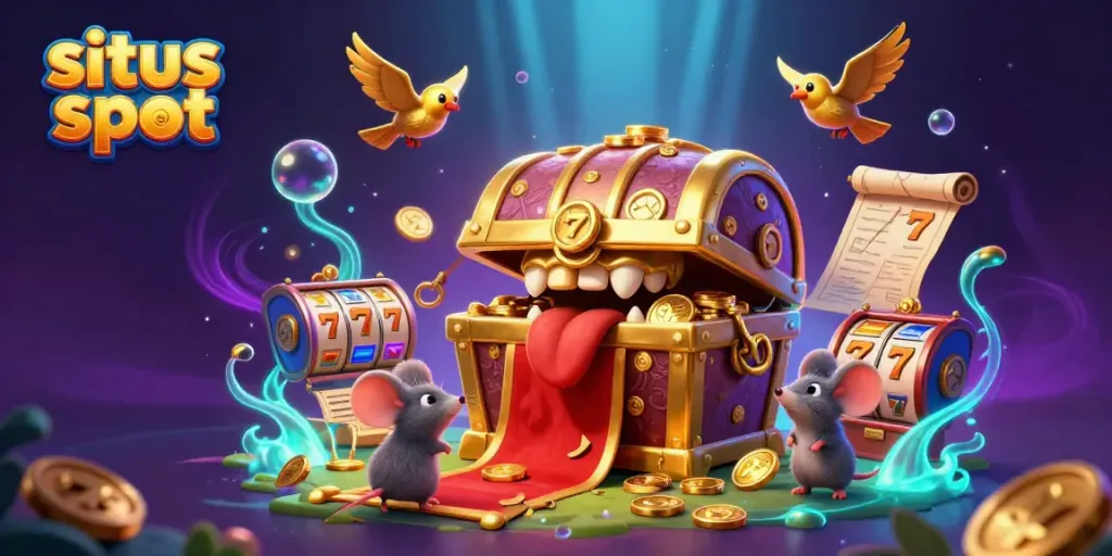 Engaging illustration showcasing situs slot dynamics with golden treasure chest and colorful slot machines.
