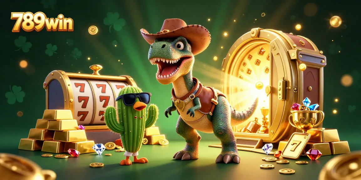 Engage with 789win slots as a cowboy dinosaur encounters treasure in this vibrant casino scene.
