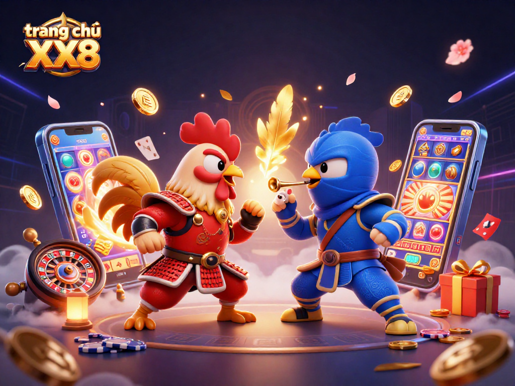 Engage with the vibrant action of trang chủ XX8 as roosters face off amidst casino elements.