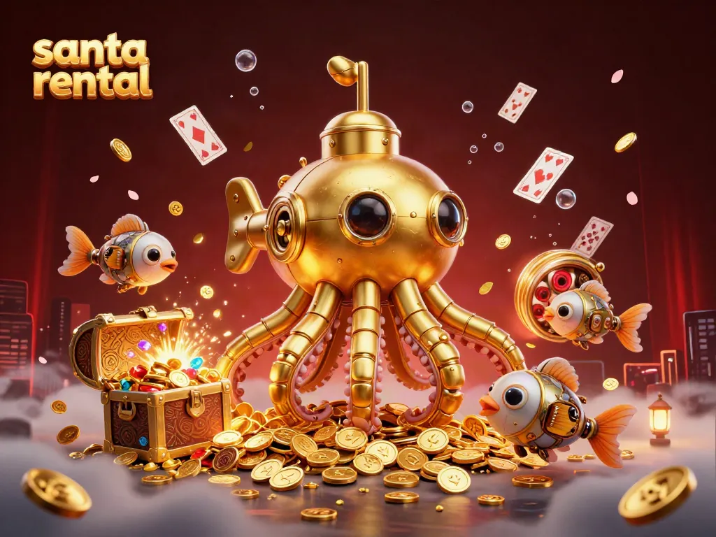 Engage with a vibrant 3D scene showcasing the magic of santa rental amidst gold coins and casino elements.