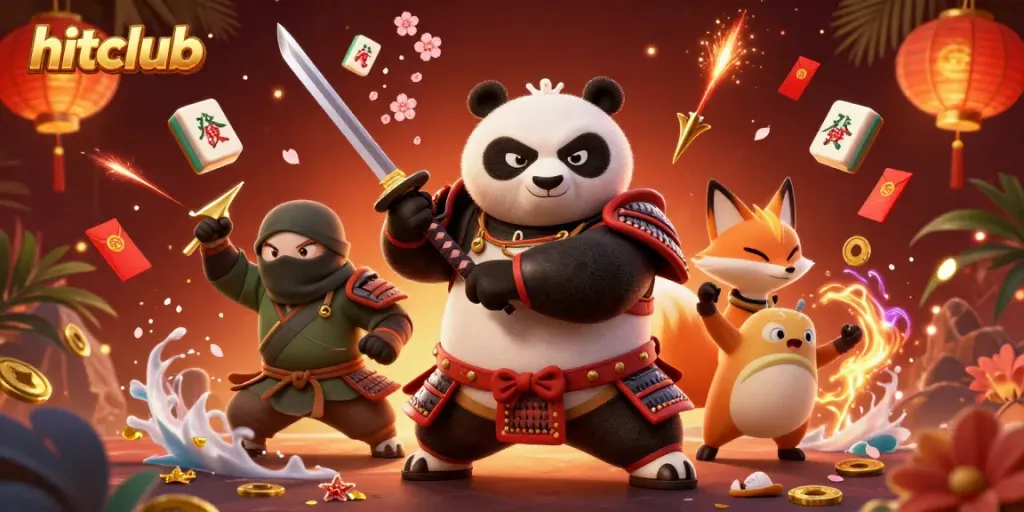Hitclub's vibrant 3D casino illustration features a fierce samurai panda and a ninja fox amidst festive gaming elements.