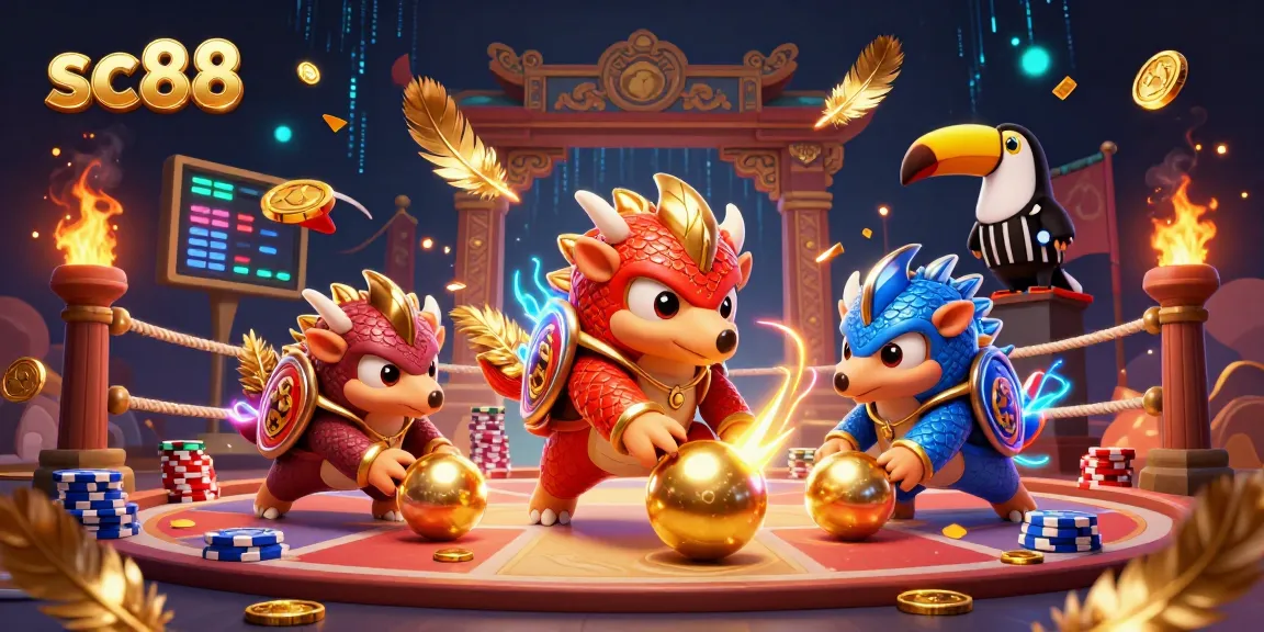 Experience the thrill of sc88 with animated pangolins bowling through poker chips in a vibrant casino scene.
